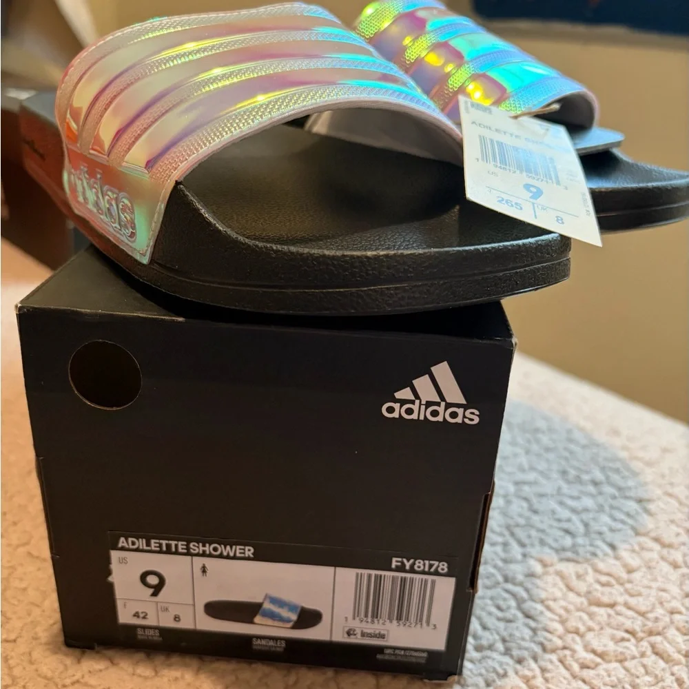 Brand New Adidas Multi-Color Slide Sandals with Black Footbed.